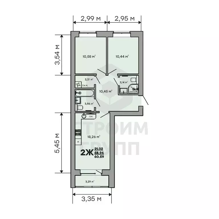 2-комнатная квартира: Ковров, улица Строителей, 43/1 (60.59 м) - Фото 2