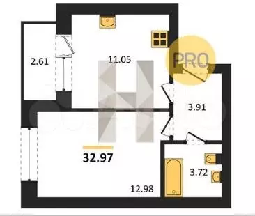 1-к. квартира, 33,1 м, 1/9 эт. - Фото 1