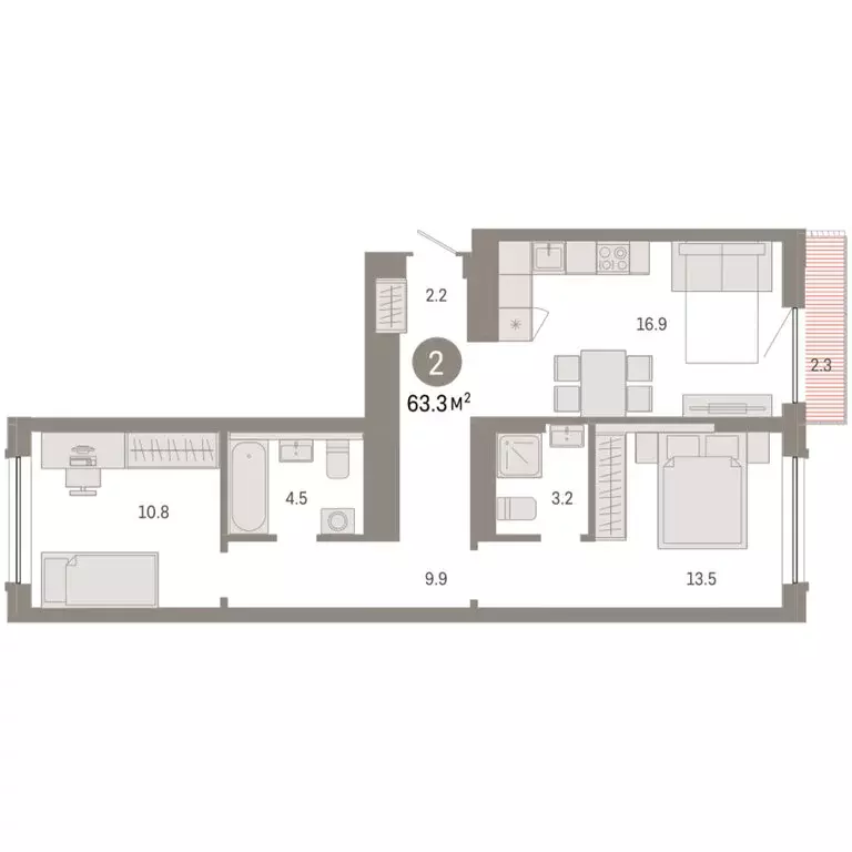 2-комнатная квартира: Тюмень, микрорайон ДОК, ЖК Октябрьский на Туре ... - Фото 2