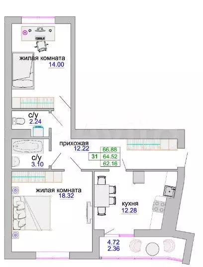 2-к. квартира, 65,4 м, 9/9 эт. - Фото 1