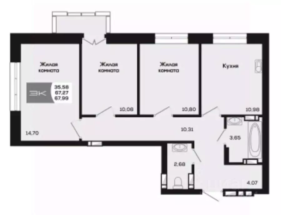 3-к кв. Новосибирская область, Новосибирск ул. Титова, 48 (67.27 м) - Фото 0