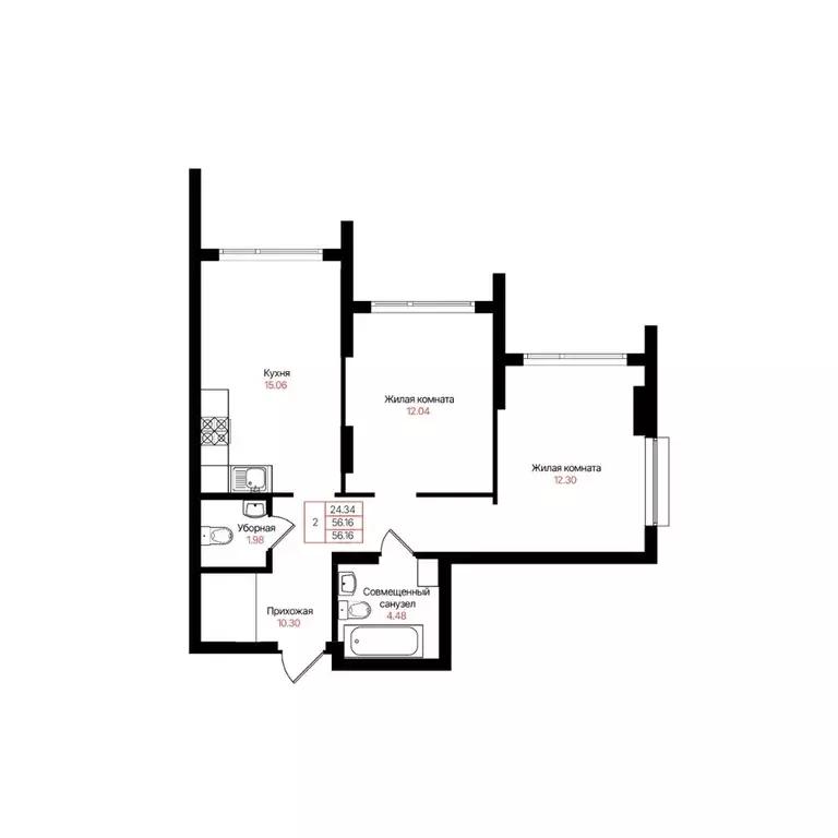 2-к кв. Татарстан, Казань Лето жилой комплекс (56.16 м) - Фото 2