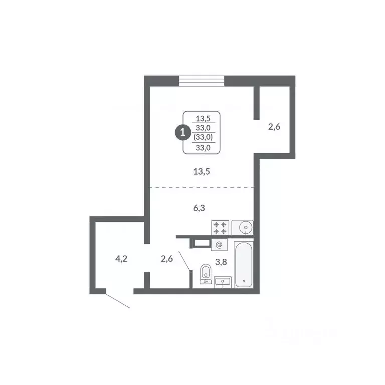 Студия Кировская область, Киров ул. Потребкооперации, 34 (33.0 м) - Фото 1