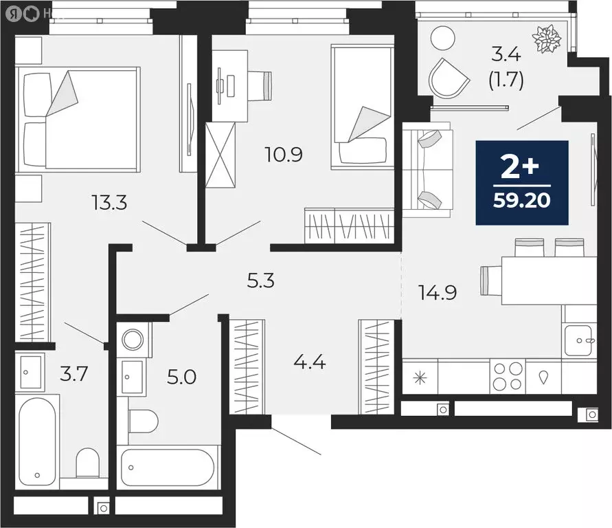2-комнатная квартира: Тюмень, проезд Капитана Куликова, 5 (60.9 м) - Фото 1