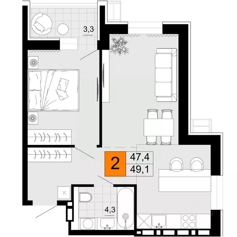 2-к кв. Приморский край, Уссурийск Горизонты жилой комплекс (49.1 м) - Фото 1
