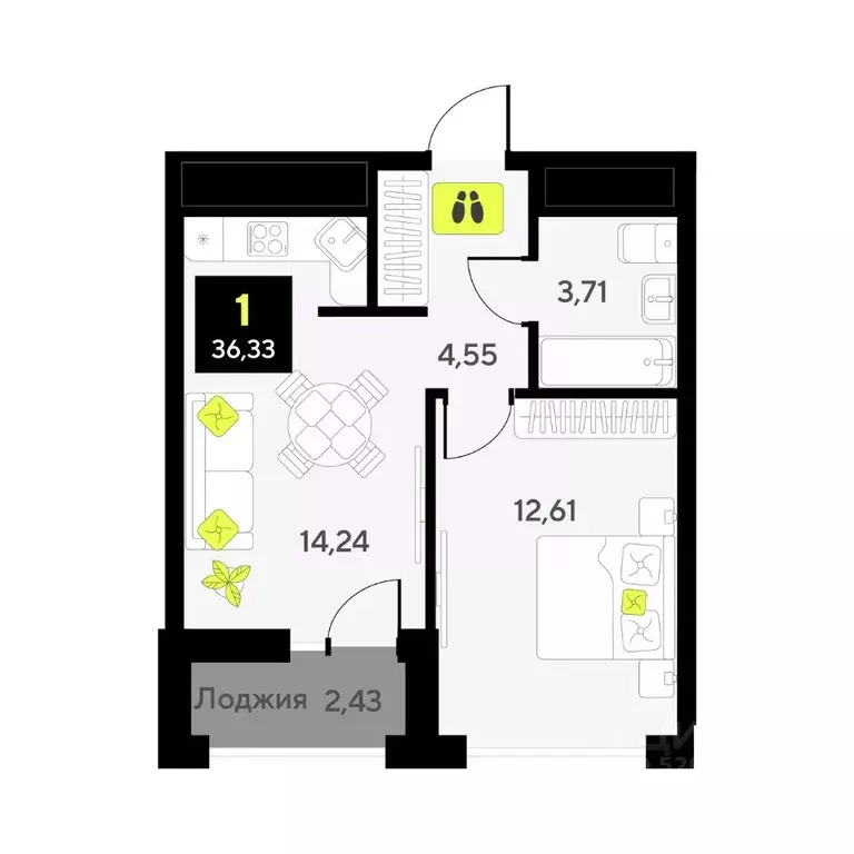 1-к кв. Тюменская область, Тюмень ул. Андрея Приказнова, 7 (36.33 м) - Фото 1
