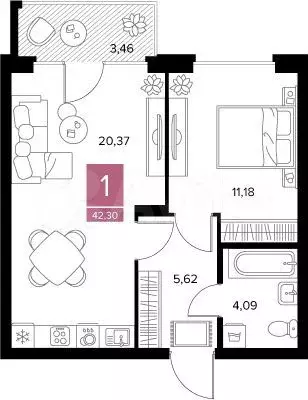 1-к. квартира, 42,3 м, 7/9 эт. - Фото 0