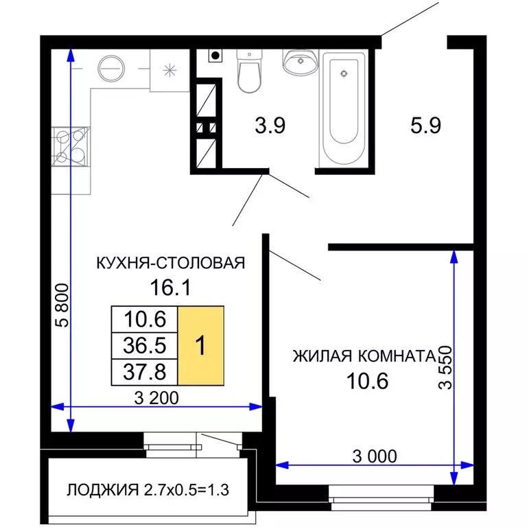 1-комнатная квартира: Краснодар, жилой комплекс Дыхание (37.8 м) - Фото 0