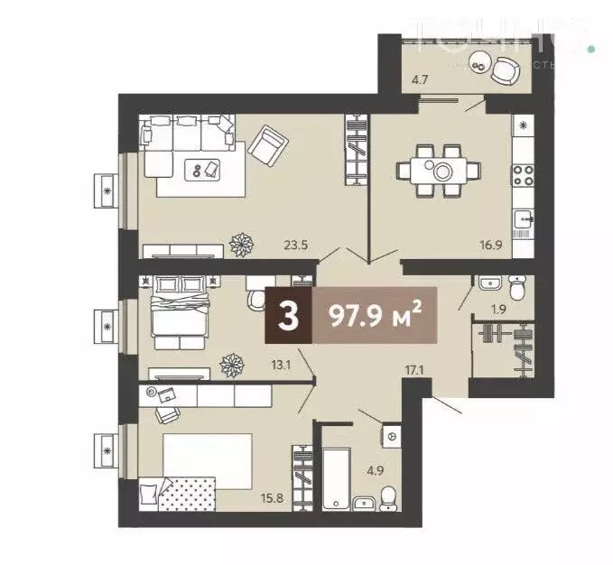 3-комнатная квартира: Засечное, Изумрудная улица, 6 (97.8 м) - Фото 1