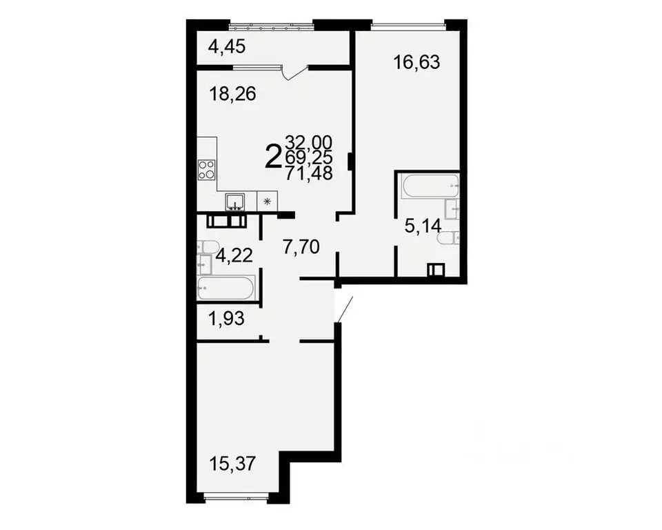 2-к кв. Тульская область, Тула Флагман жилой комплекс (71.48 м) - Фото 1