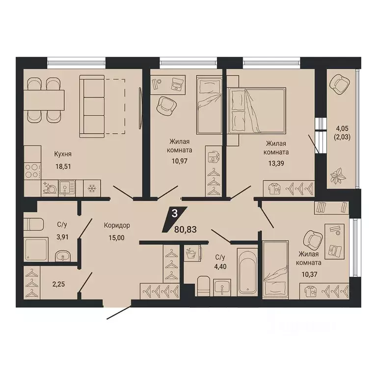 3-к кв. Свердловская область, Екатеринбург пер. Ученический, 4 (80.83 ... - Фото 1