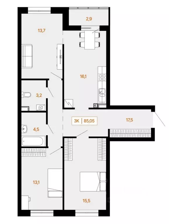 3-к кв. Ханты-Мансийский АО, Ханты-Мансийск Самаровская ул., 2А (85.65 ... - Фото 0