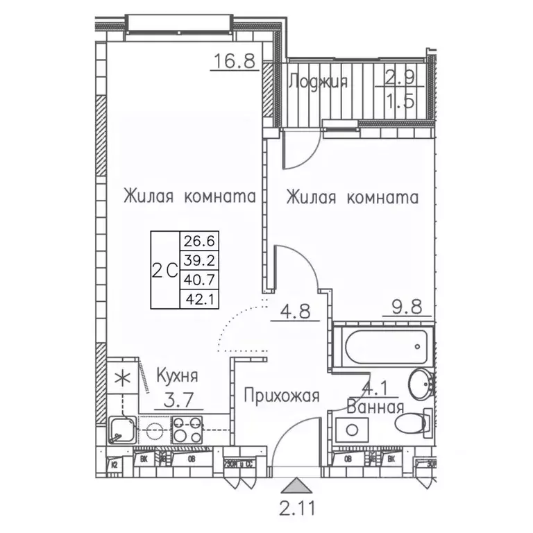 2-к кв. Приморский край, Владивосток ул. Расула Гамзатова, 7к1 (42.1 ... - Фото 0