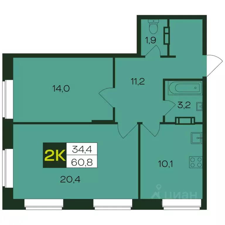 2-к кв. Чувашия, Чебоксары просп. Чебоксарский (61.1 м) - Фото 0
