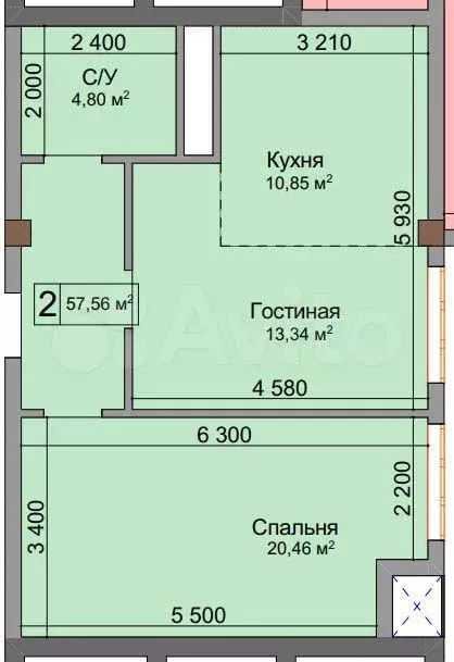 2-к. квартира, 57,6 м, 7/11 эт. - Фото 1