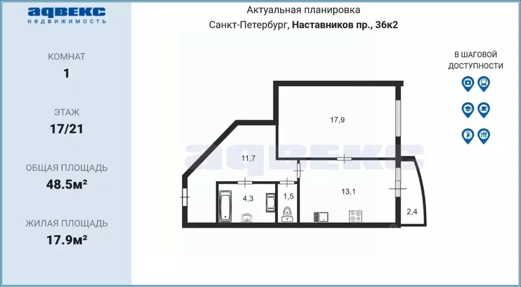 1-к кв. Санкт-Петербург просп. Наставников, 36к2 (48.5 м) - Фото 2