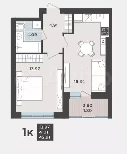 1-к. квартира, 41,1 м, 5/9 эт. - Фото 1