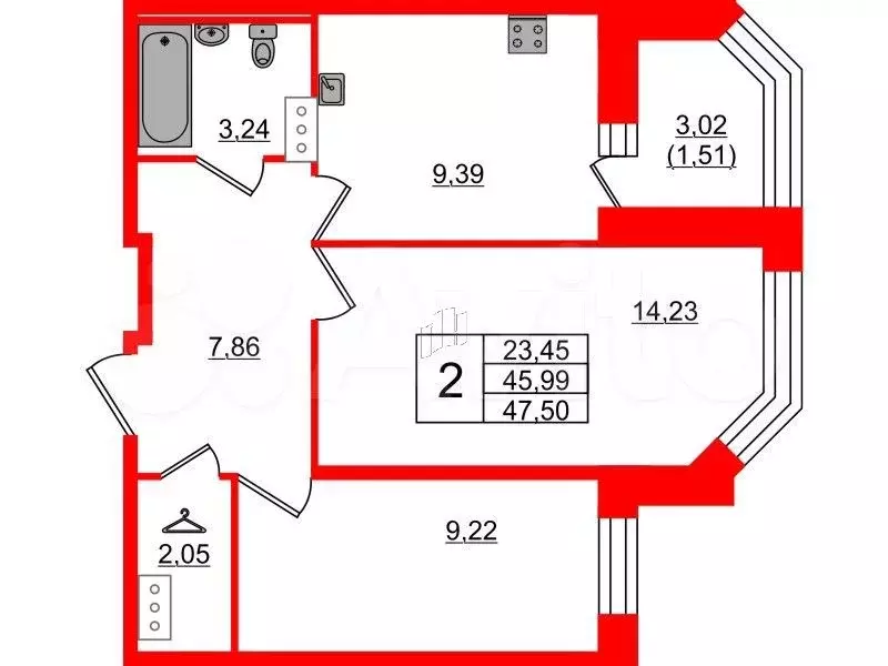 2-к. квартира, 47,5 м, 5/9 эт. - Фото 0