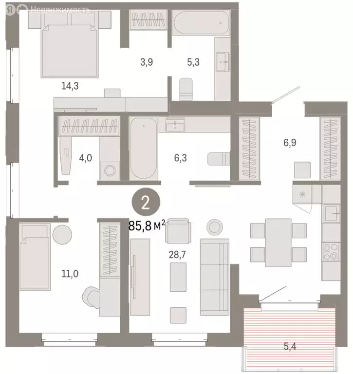 2-комнатная квартира: Тюмень, жилой комплекс На Минской (85.79 м) - Фото 1