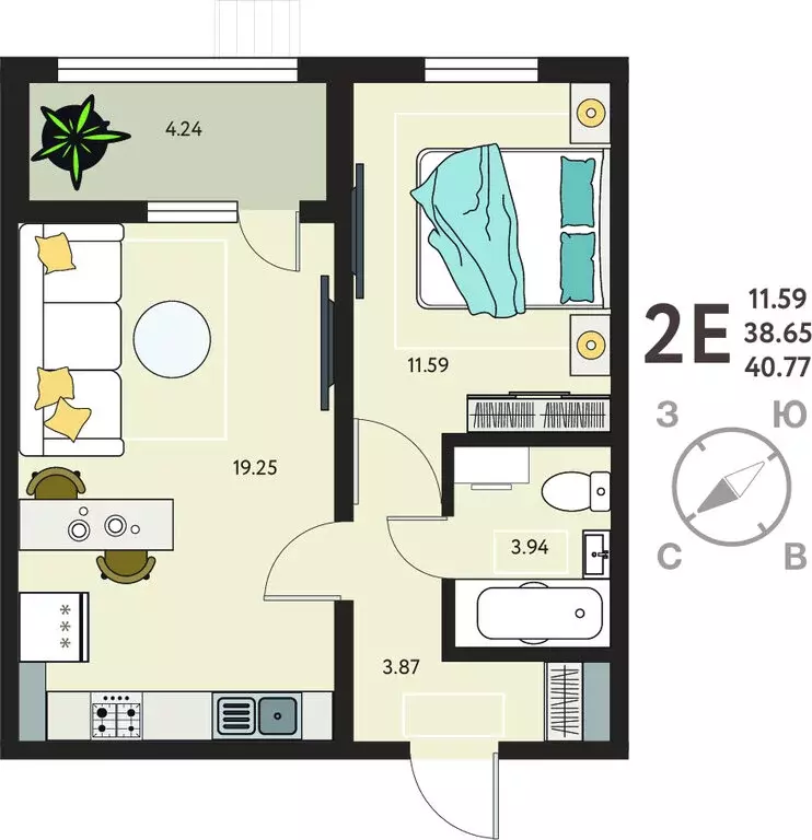 1-комнатная квартира: село Новая Усмань, микрорайон Ольха (40.77 м) - Фото 1