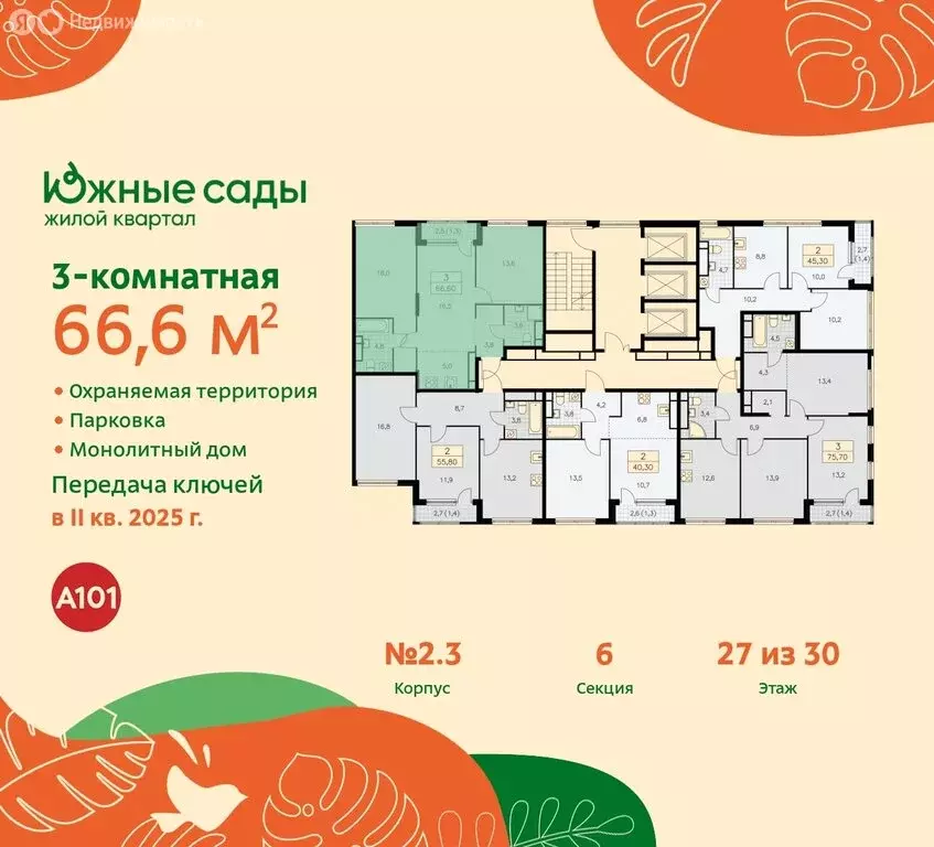 3-комнатная квартира: Москва, жилой комплекс Южные Сады (66.6 м) - Фото 1