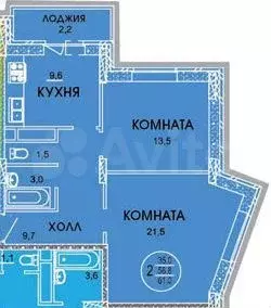 2-к. квартира, 59м, 3/7эт. - Фото 1