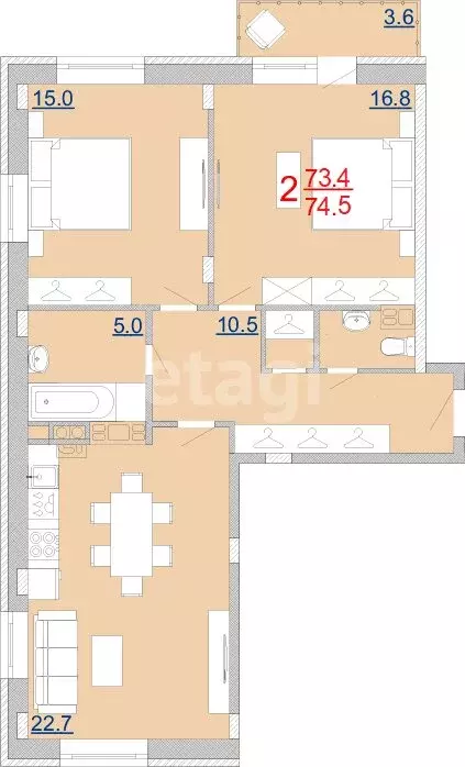 2-комнатная квартира: посёлок Молодёжный, улица Вадима Усова, 21 (73.4 ... - Фото 1