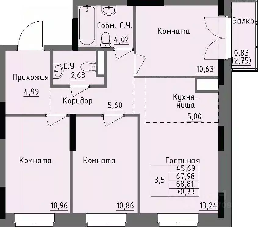 3-к кв. Удмуртия, Ижевск Строитель жилрайон, 4-й мкр,  (68.81 м) - Фото 0