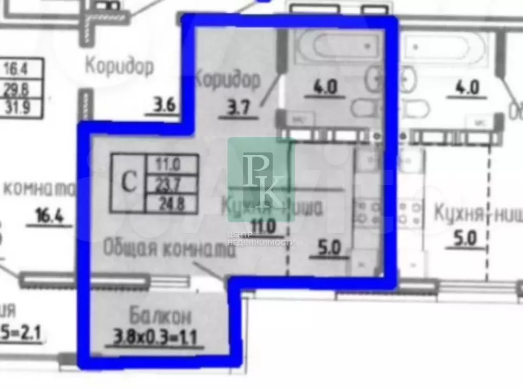 1-к. квартира, 23,7 м, 4/9 эт. - Фото 0