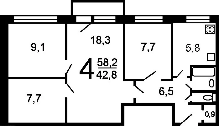 4-к кв. Томская область, Томск ул. Смирнова, 40/3 (60.0 м) - Фото 1