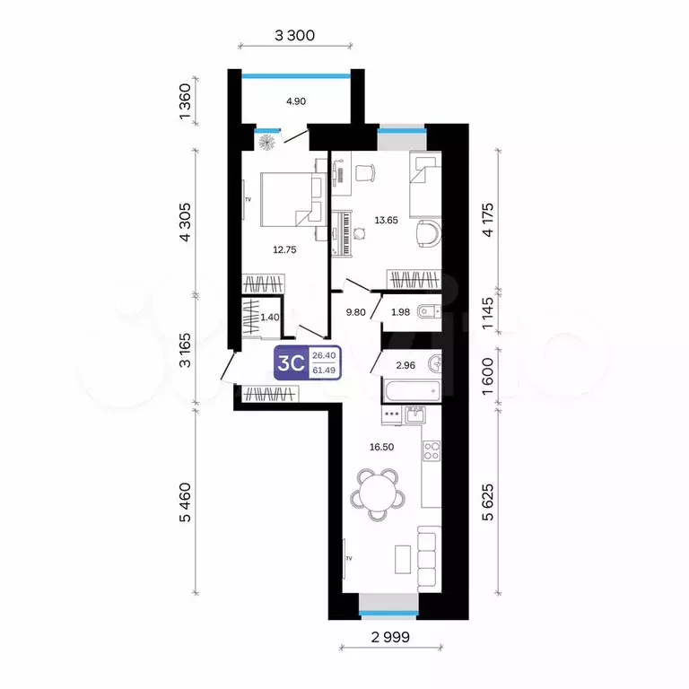 3-к. квартира, 61,5 м, 2/9 эт. - Фото 0