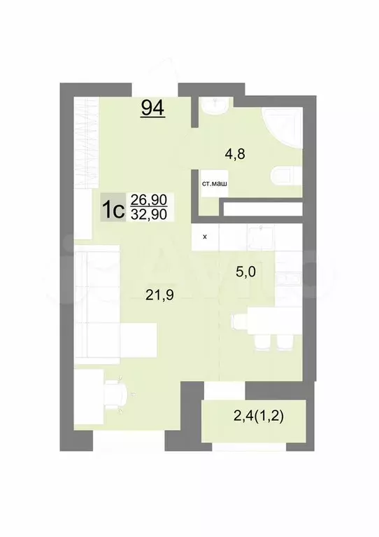 Квартира-студия, 32,9 м, 13/26 эт. - Фото 1