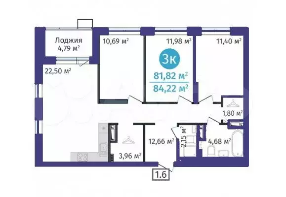 3-к. квартира, 81,8 м, 10/24 эт. - Фото 1