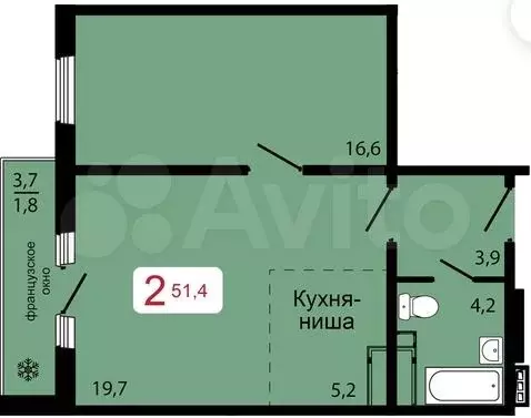 2-к. квартира, 51,4 м, 7/17 эт. - Фото 0