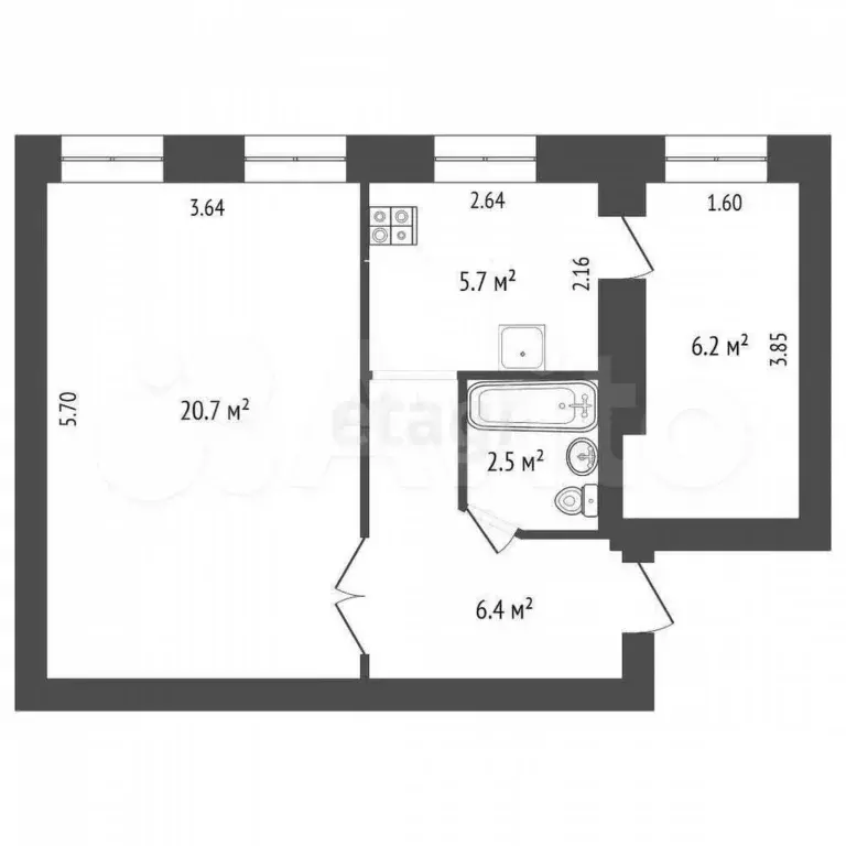 2-к. квартира, 41,5 м, 1/2 эт. - Фото 0