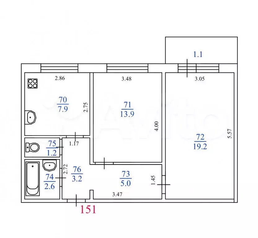 2-к. квартира, 53 м, 4/6 эт. - Фото 0