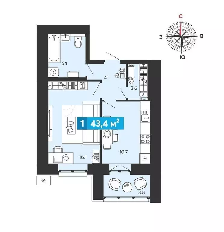 Квартира, 1 комната, 43.4 м - Фото 0