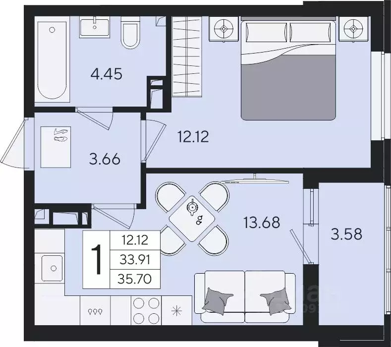 1-к кв. Краснодарский край, Краснодар  (35.7 м) - Фото 2