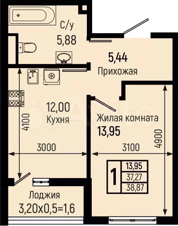 1-к. квартира, 38,9 м, 2/9 эт. - Фото 0