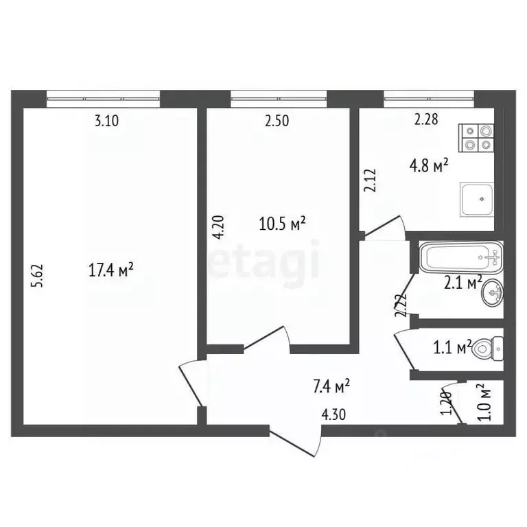 2-к кв. Татарстан, Альметьевск ул. Гафиатуллина, 14 (44.3 м) - Фото 2