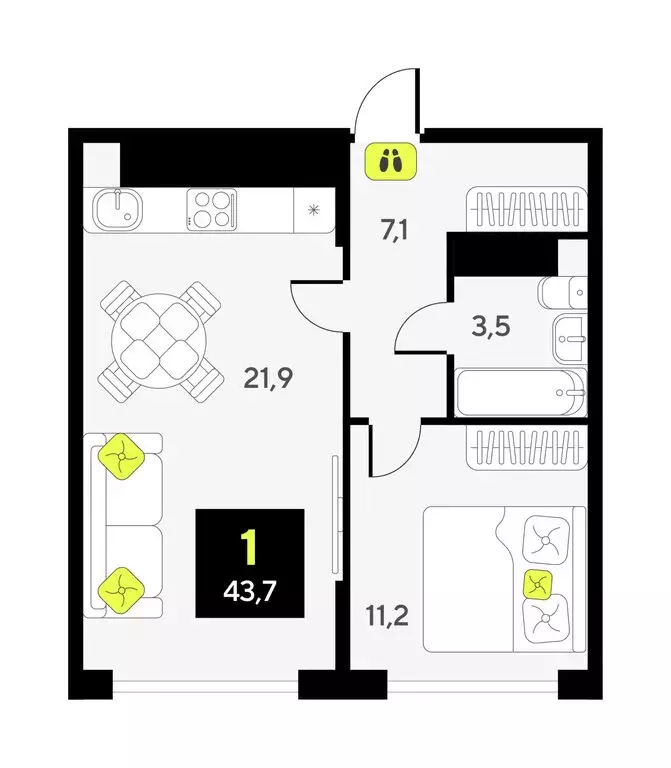 1-комнатная квартира: Тюмень, улица Ивана Чистякова, 3 (43.7 м) - Фото 1