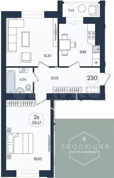 2-к. квартира, 59,5 м, 1/9 эт. - Фото 0