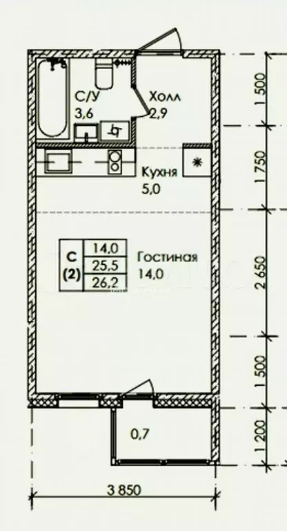 Квартира-студия, 25,3 м, 3/9 эт. - Фото 0