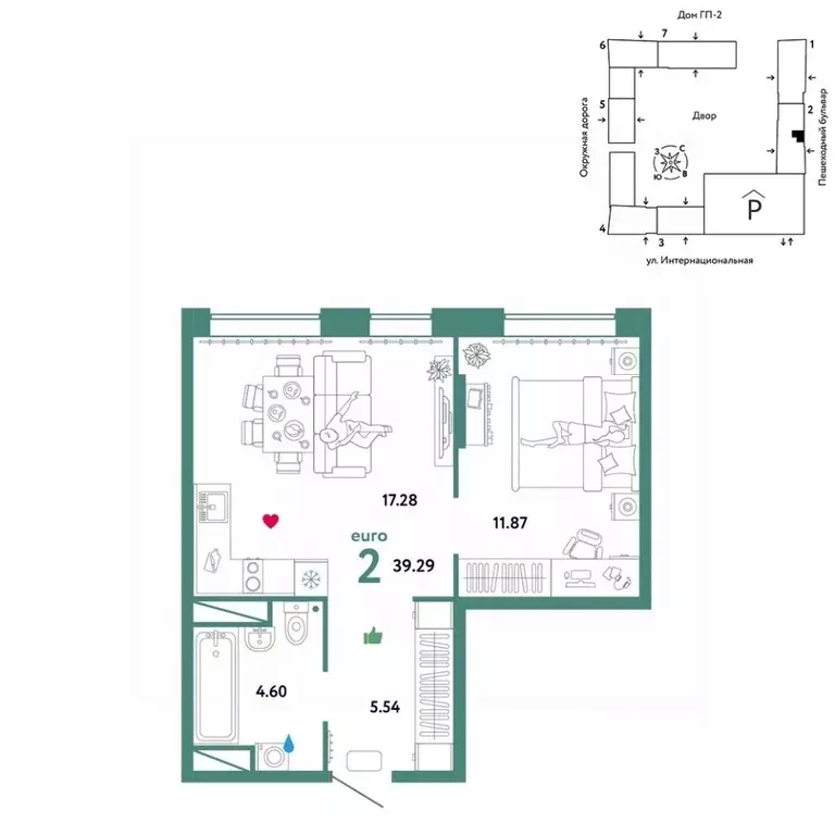 2-к кв. Тюменская область, Тюмень Интернациональная ул., 199к9 (39.29 ... - Фото 1