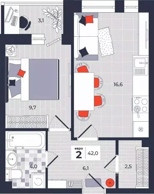 2-к кв. Тульская область, Тула ул. Академика Насоновой, 1А (42.0 м) - Фото 1