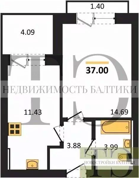 1-к кв. Калининградская область, Калининград ул. Сержанта Мишина, 81к3 ... - Фото 0