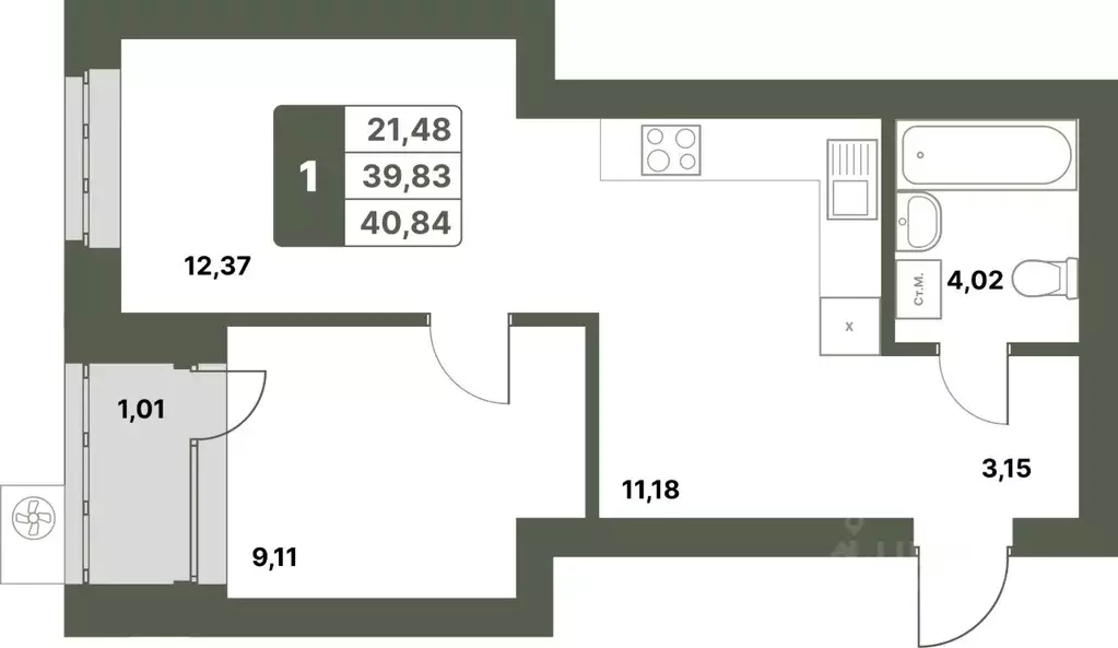 1-к кв. Башкортостан, Уфимский район, с. Миловка  (40.84 м) - Фото 1