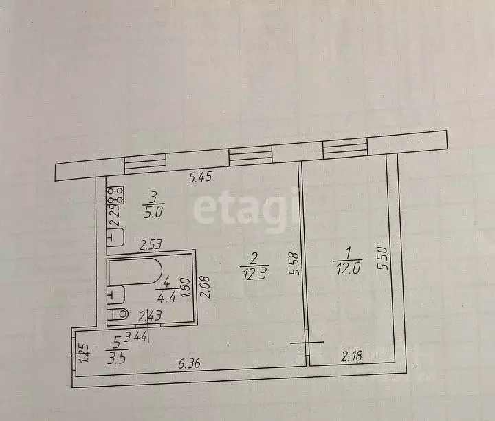 2-к кв. Татарстан, Казань ул. Гагарина, 79 (37.2 м) - Фото 1