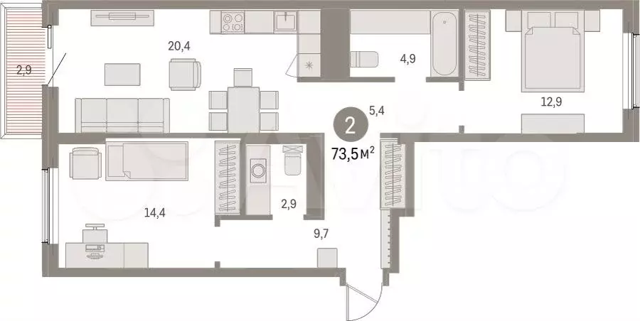 2-к. квартира, 73,5 м, 3/15 эт. - Фото 1