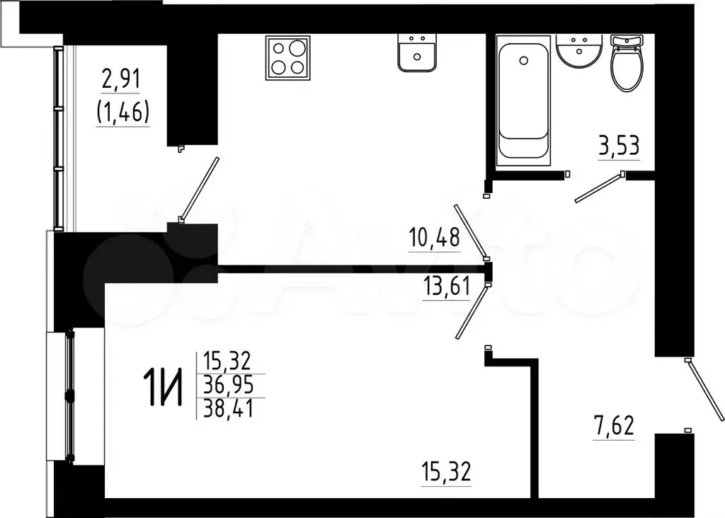 1-к. квартира, 38,4м, 8/23эт. - Фото 0